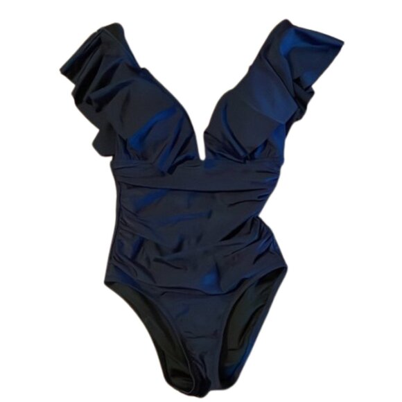 J Crew Ruffle V-Neck Ruched One Piece Swimsuit  Size 4 Navy Blue new nwt - Picture 5 of 9